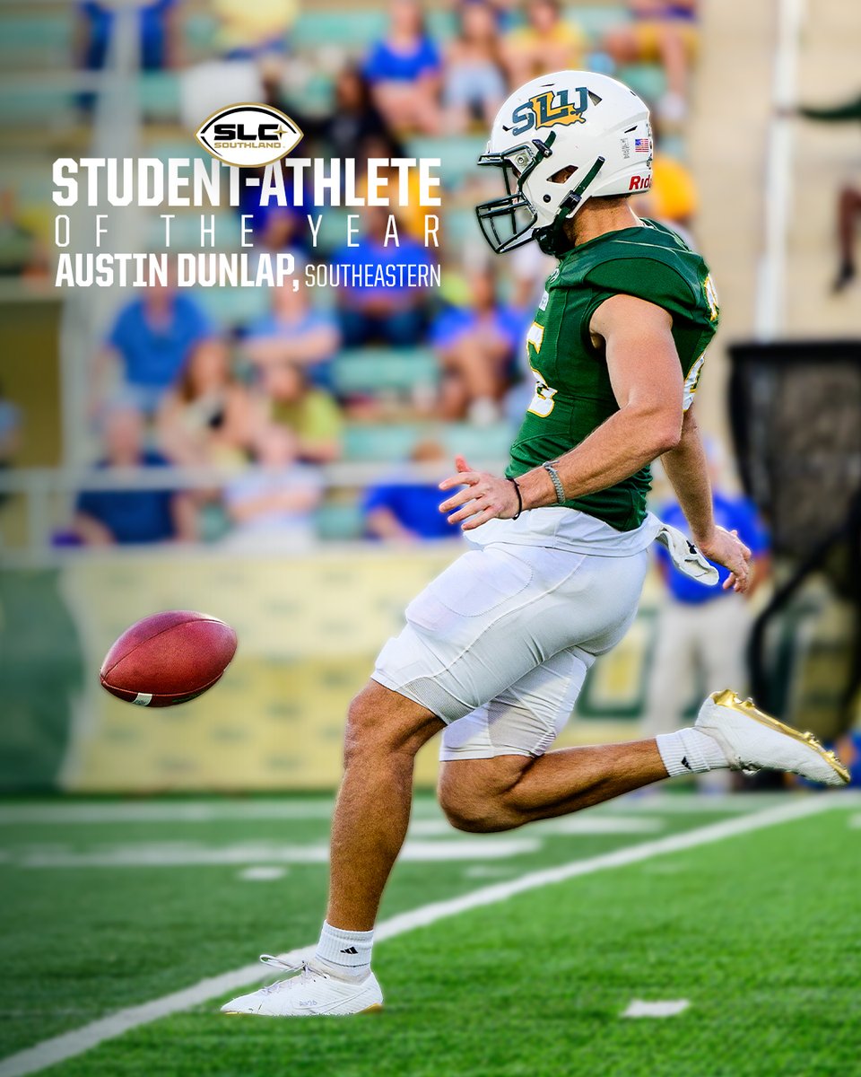 SouthlandSports's tweet photo. Congratulations to Austin Dunlap of Southeastern on being named the Southland Football Student-Athlete of the Year.

Here is the full All-Academic Team headlined by Dunlap: https://t.co/FPA1qxa8H2

#EarnedEveryDay https://t.co/xTeUmQBOlh