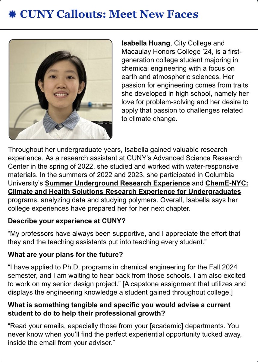 See CCNY ChE-BE Senior Isabella Huang featured in today's "CUNY Weekly" e-newsletter!