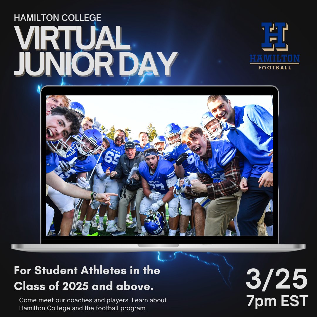 Class of 2025, come learn more about Hamilton College Football on our upcoming Virtual Junior Day! Fill out this form to join us: forms.gle/UMHQ7pUzdFMw7E…