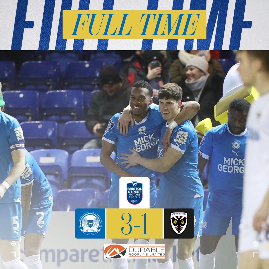 It is all over in PE2. Posh are into the semi-finals of the @BSM_Trophy. The draw takes place on Friday evening at 615pm on Sky Sports.

Full-time brought to you by Durable Roofline.

🔵 3-1 ⚪ | #pufc