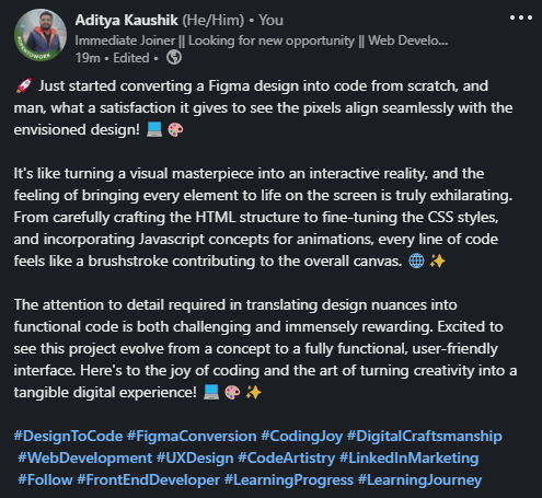 adityakaushik78's tweet image. #DesignToCode #FigmaConversion #CodingJoy #DigitalCraftsmanship #WebDevelopment #UXDesign #CodeArtistry #Follow #FrontEndDeveloper #LearningProgress #LearningJourney