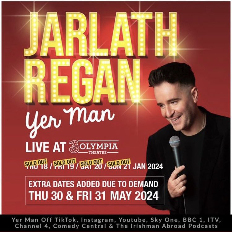 Jarlath's tweet photo. 🎉Dublin🎉 2 more times!!!🤯🤯🤯🤯🤯🤯🤯🤯🤯🤯🤯
#yerman #comedytour 
https://t.co/ZyBv0K3mcB
@mcd_productions @TicketmasterIre https://t.co/6jBeG45Tys