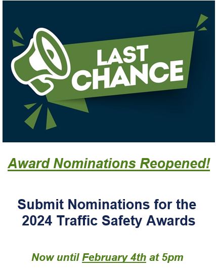 Good news! Nominations for the Traffic Safety Awards have been reopened. From now until Feb. 4 at 5:00 p.m. you can submit award nominations via this link: bit.ly/3Oo6V5k. All winners will be awarded at this year's conference - more info. here ➡️ ncvisionzero.org/expo/