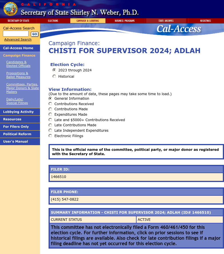 CATargetBot0001's tweet photo. NEW CAL-ACCESS 2024 BOARD OF SUPERVISORS FILING
CHISTI FOR SUPERVISOR 2024; ADLAH
https://t.co/Y74WURT4OZ https://t.co/5AwyMyqj2u
