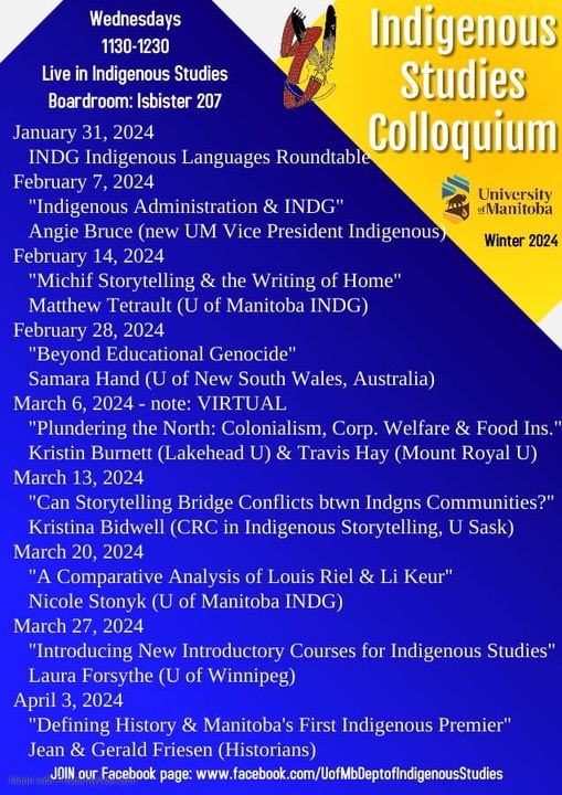 UMbINDG's tweet photo. Our #UMINDG winter 2024 colloquium lineup starts tomorrow with an amazing discussion on teaching Indigenous Languages! Everyone welcome at all sessions this semester! https://t.co/YyR0dDZYq0