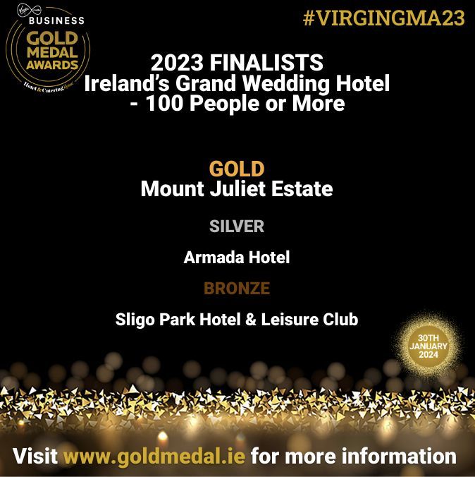 HC_Review's tweet photo. We are thrilled to reveal Ireland’s Award-Winning Grand Wedding Hotels:

Gold: @mountjulietestate
Silver:   @armadaspanishpoint
Bronze: @sligo_parkhotel
Congratulations!
#VIRGINGMA23 https://t.co/UfGQII818l