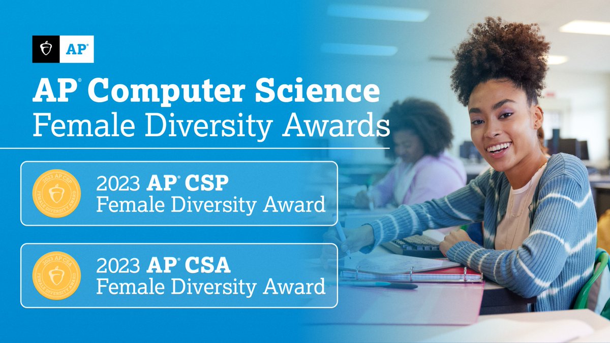 Congrats to our 2023 AP Computer Science Female Diversity Award recipients! We're honoring 1100+ schools with 50% or higher female representation in either #APCSA or #APCSP or whose % of the female examinees meets or exceeds that of the school’s female population. Well done!👏