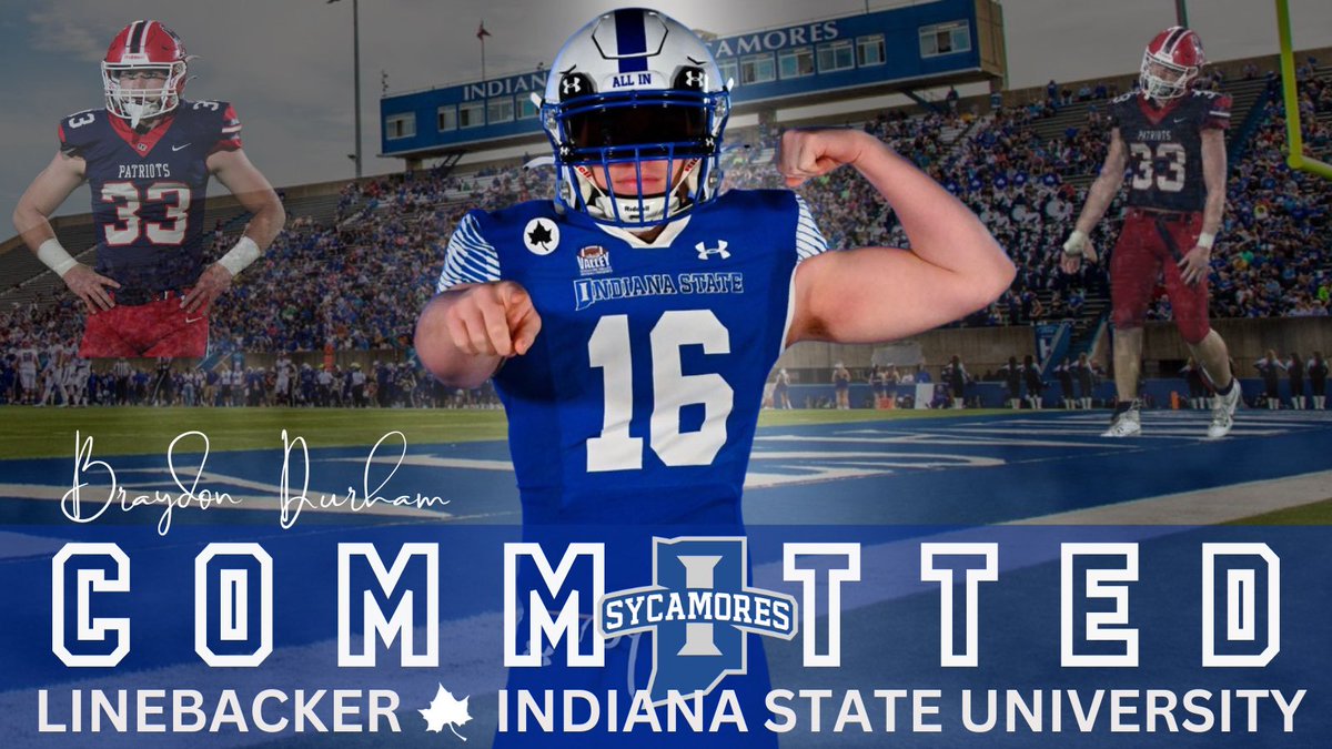 BraydonDurham's tweet image. Very blessed to announce that I will be continuing my Academic and Athletic Career at Indiana State University!!! 

#COMMITTED 🔵⚪️🔵⚪️

@IndStFB @CmalryMallory @ISUCoachWilson @FBCoachHale @CoachTylerFunk @HHQBCLUB @IndyWeOutHere @LockedOnRecruit