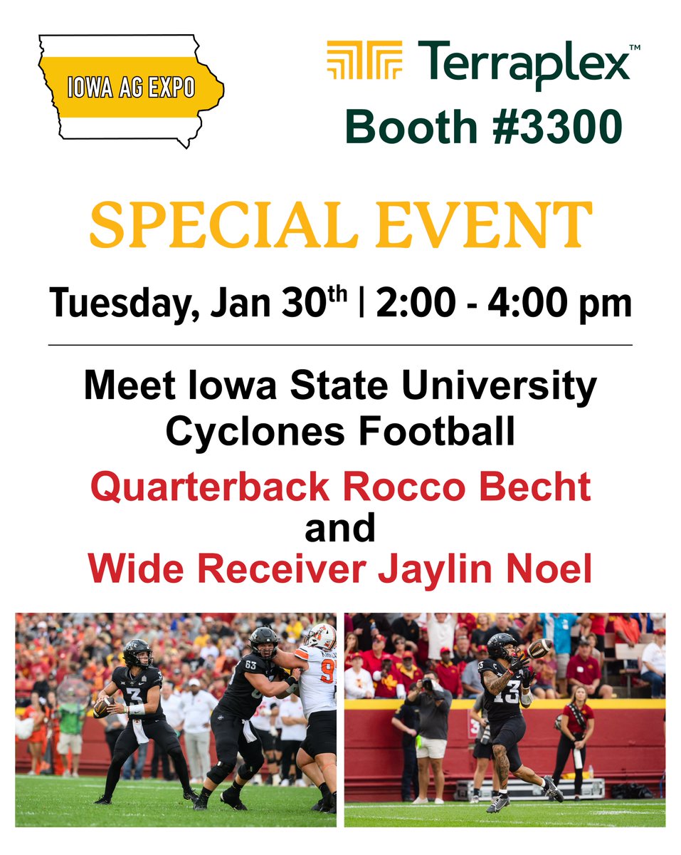 Happening Now at Iowa Ag Expo 2024! Meet Iowa State University Cyclones Football Quarterback Rocco Becht and Wide Receiver Jaylin Noel at Terraplex Booth #3300.  #iae24  #terraplexag