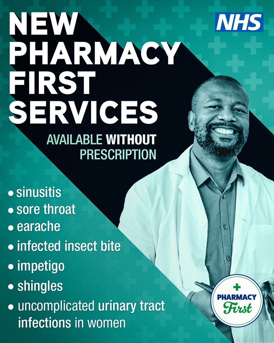 🩺💊 From today, you can get treatment for seven common conditions at most pharmacies without a GP prescription. Across England, 95% of pharmacies have signed up to offer this expanded service. Details: england.nhs.uk/2024/01/over-1…