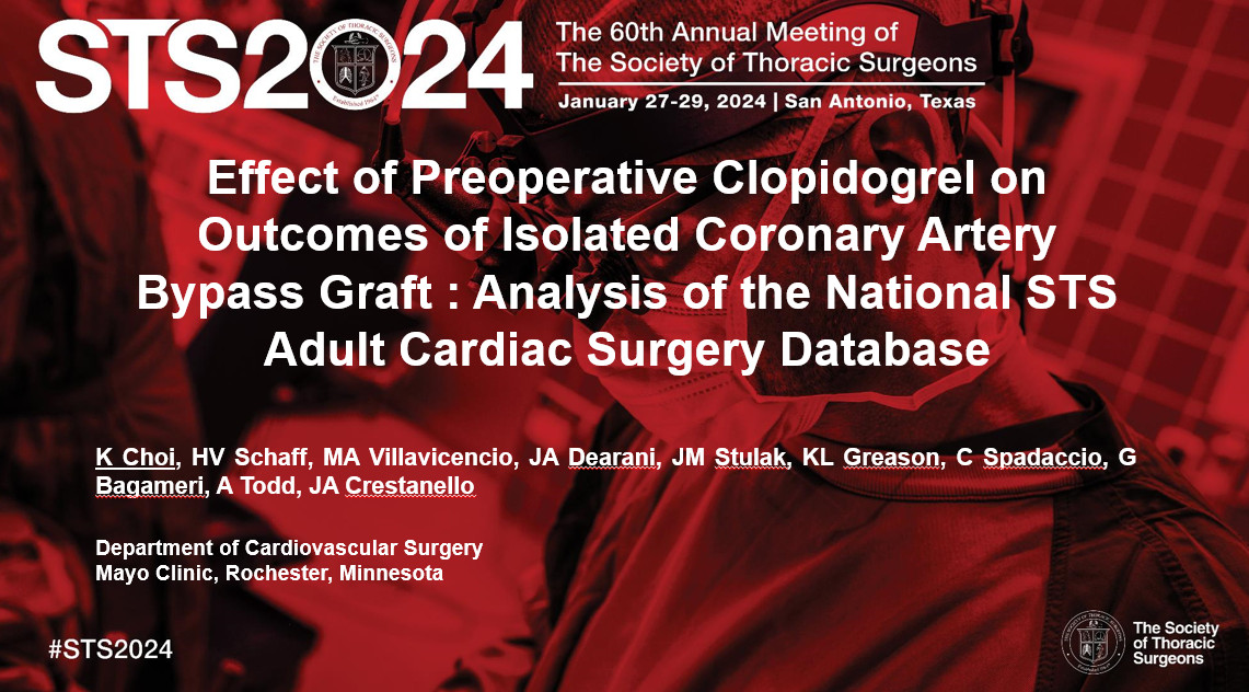 An outstanding #STS2024 presentation given by <a href="/KukbinChoi/">KukbinChoi</a>, "Effect of preoperative clopidogrel administration on outcomes of isolated CABG: Analysis of the National STS Adult Cardiac Surgery Database"!
