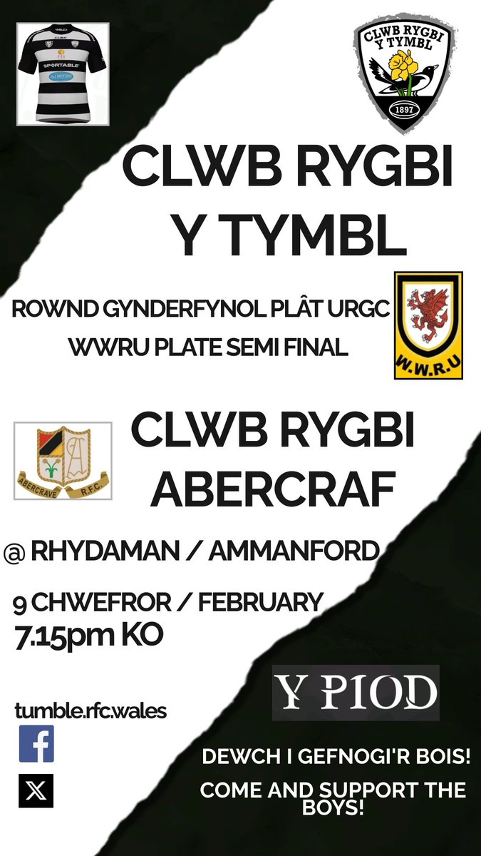 Rownd gynderfynol Plât Gorllewin Cymru 

Clwb Rygbi Abercraf yn Rhydaman. 

Nos Wener, 9 Chwefror, cic gyntaf 7.15yh. 

⚫️⚪️⚫️⚪️⚫️⚪️⚫️⚪️⚫️⚪️⚫️⚪️⚫️

West Wales Plate semi-final 

Abercrave RFC at Ammanford. 

Friday, 9 February,  kick off 7.15pm. 

#YmlaenYPiod 

⚫️⚪️🏆