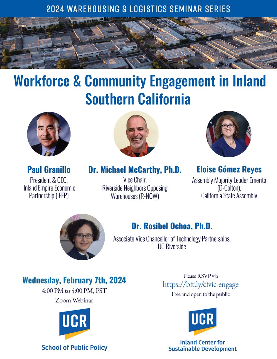 ICSDUCR's tweet photo. Join ICSD for an afternoon discussion about warehousing and community engagement on February 7th! w/ Paul Granillo @IEEP_, Dr. Rosibel Ochoa @rochoaf, Assemblymember Reyes @EGReyesCA, and Michael McCarthy! RSVP via: https://t.co/bxbzf5DsAs https://t.co/l7DAltbGSH