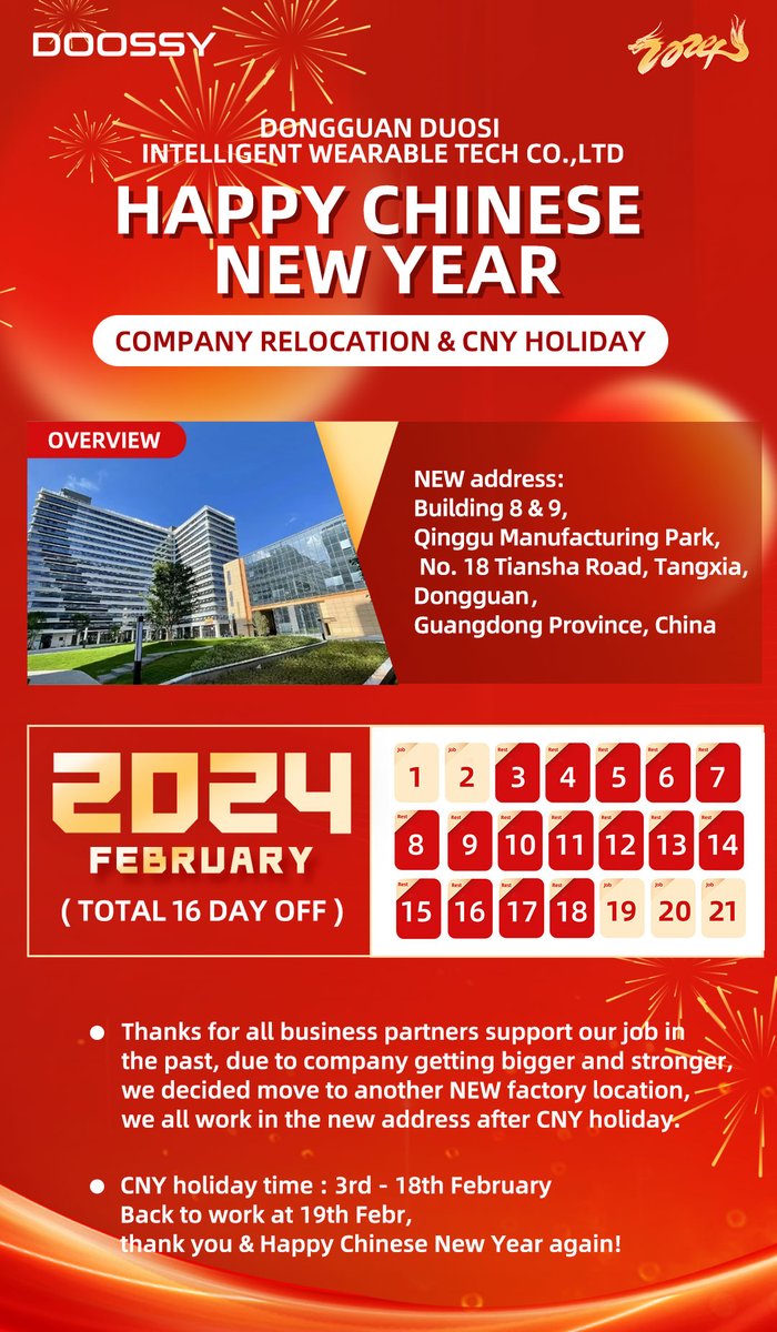 Doossy1's tweet photo. DOOSSY CNY holiday time: 3th - 18th Feb, total 16 day.
We back to work at 19th Feb, any watch band inquiry just email : watchband@duositech.com, see you soon. 😎😍 https://t.co/bwxYYozePc