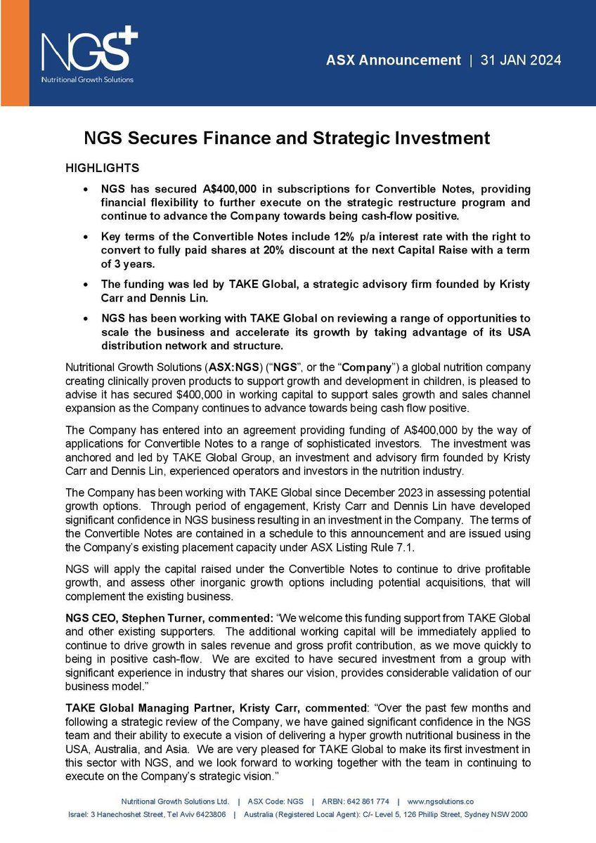 Nutritional Growth Solutions (ASX:NGS) is pleased to advise it has secured $400,000 in working capital to support sales growth and sales channel expansion as the Company continues to advance towards being cash flow positive.

Read more: buff.ly/3SD48HP