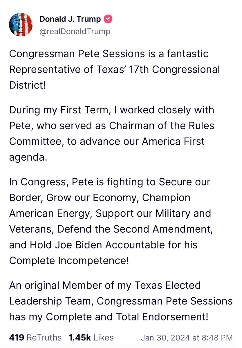 I am honored to receive President Trump’s support. Together, we will work tirelessly to defend the sovereignty and principles of our great nation. Onward! 🇺🇸