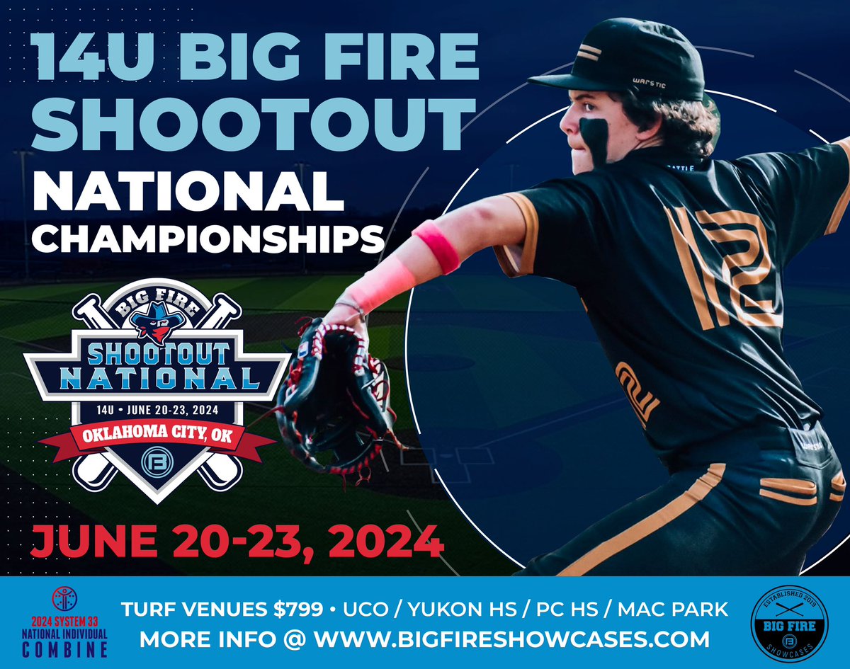 14U Big Fire Shootout National Championships June 20-23, OKC, OK First year event is growing fast with 15 quality teams registered US Nationals South Plains 2028 Oklahoma Fuel 2028 Echalk NOBA 2028 Rivals Baseball 14u Mojo Gold 14u Oklahoma Fuel 2028 Allen Marucci Midwest…
