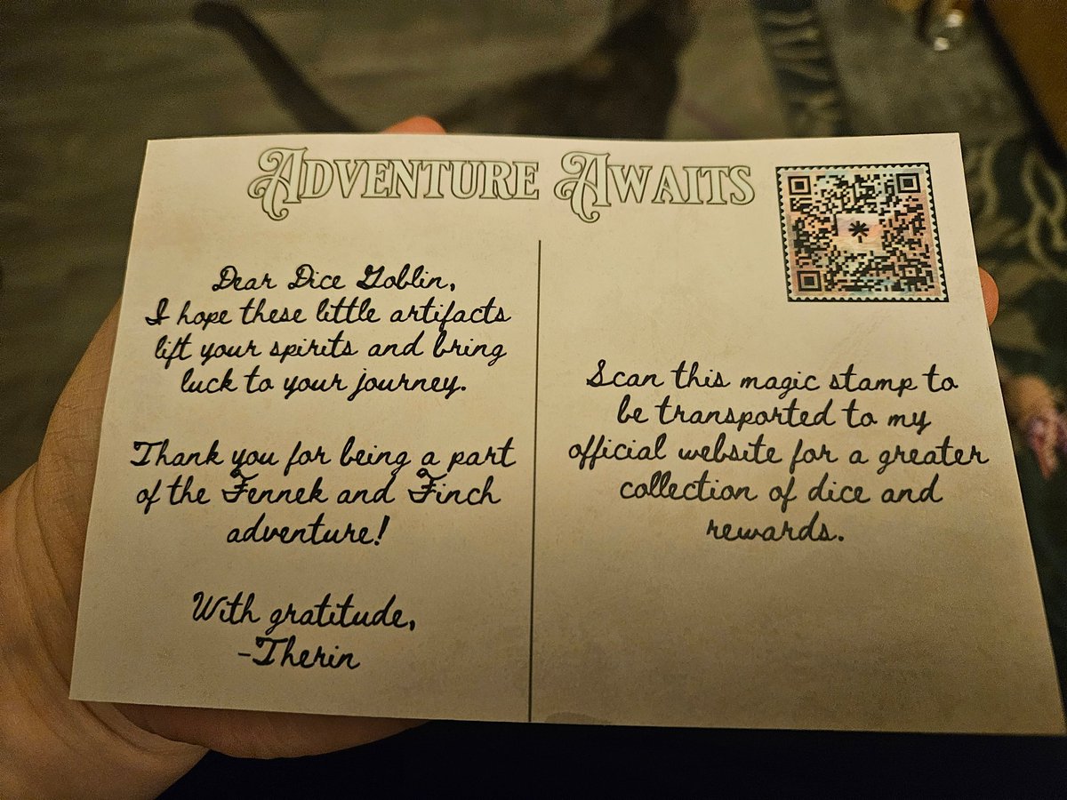 bearrypatch's tweet image. I ordered my first @fennekandfinch dice in a hot minute and they have the cutest postcard as their business insert now?? I'm crying???
