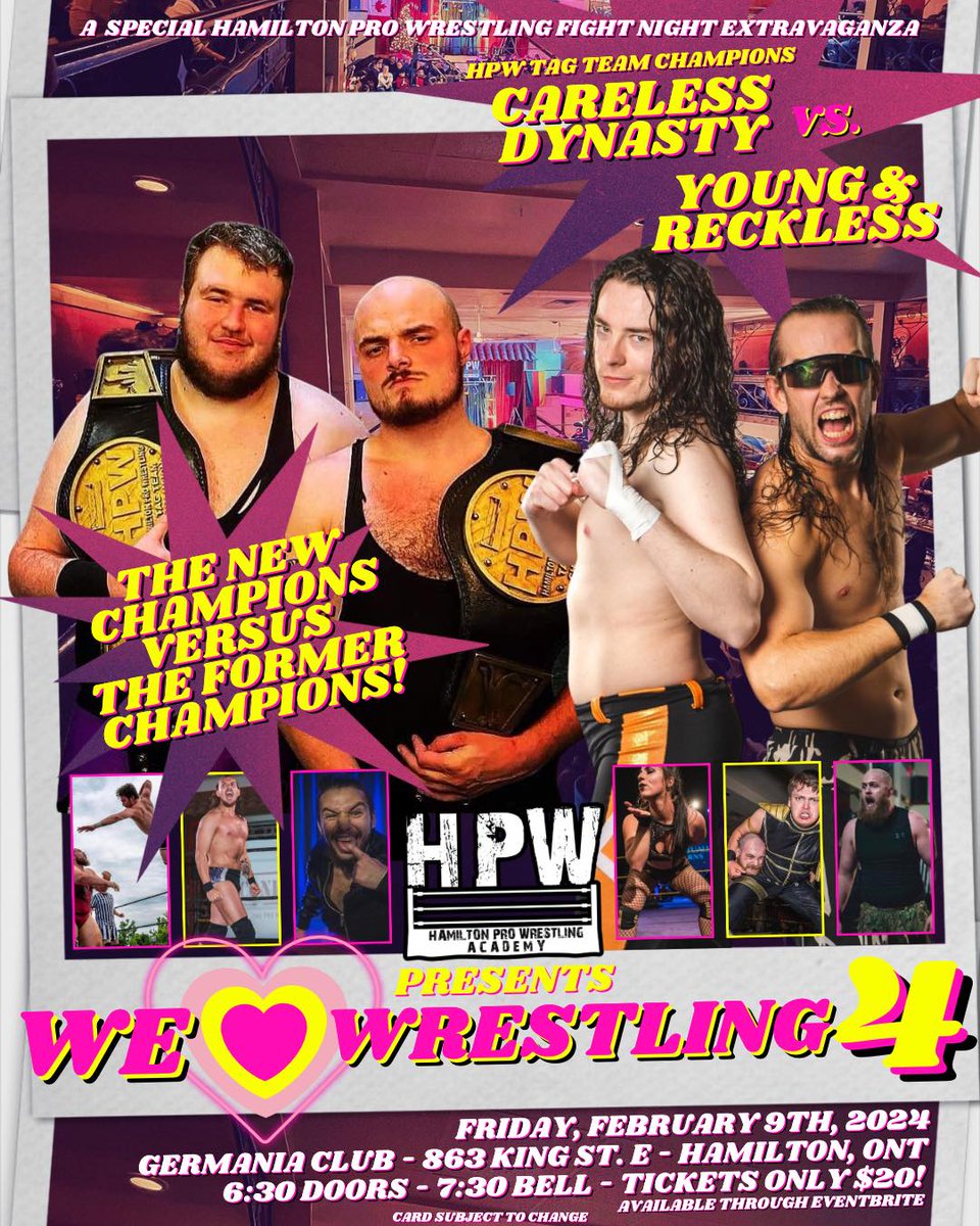 🚨Match Announcement🚨 HPW Tag Team Championship! Careless Dynasty (c) vs Young & Reckless eventbrite.com/e/hpw-we-heart… The former HPW Tag Team Champions Young & Reckless get their chance at regaining them, as they face off against the new HPW Tag Team Champions - Careless Dynasty.