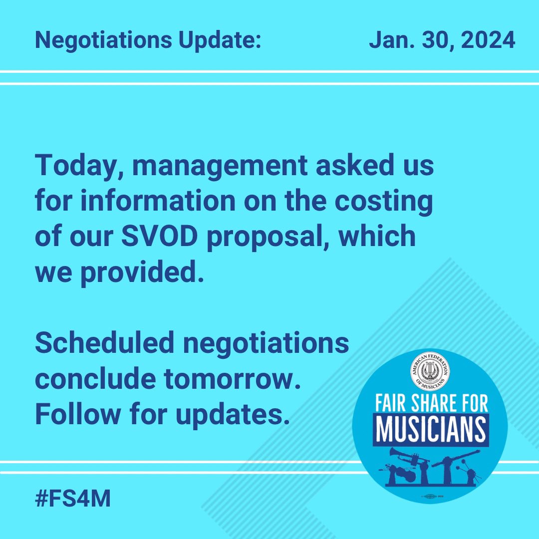 fairshare4music's tweet photo. Negotiations Update, Tuesday, Jan 30.  
Today, management asked us for information on the costing of our SVOD proposal, which we provided.
Scheduled negotiations conclude tomorrow.
Follow for updates.   #FS4M https://t.co/ZgRMjMJL85