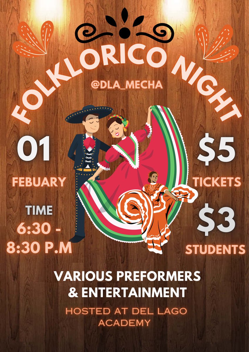 Looking for something to do with your family? Enjoy an evening of performances at Folklórico Night hosted by @DelLagoAcademy. @OrangeGlen & @SanPasqualHS clubs, among others, will be performing with DLA tomorrow, February 1, from 6:30 p.m. to 8:30 p.m.