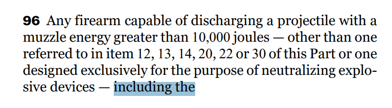 Polysesouvient's tweet photo. Thanks for another opportunity to clarify the confusion you & others are causing with your #misinterpretations:
- You are referring to paragraph 96 in amendment G46 (since withdrawn):
https://t.co/q4BkPDfNW3
- Para 96 in G46 is cut & pasted from 2020-OIC CURRENLY in force, with SAME language (ie: "including the... "). See screenshots.
https://t.co/LwkJQRRf2F
- Under para 96, the current 2020-OIC prohibits ONLY versions whose muzzle energy exceeds 10KJ.
- Ironically, this is validated by RugerNo1. This model is CURRENTLY covered by 2020-OIC (one of the models added since 2020 publication). One can verify this by searching the FRT: see record no 34192 for RugerNo1:
FRT: https://t.co/gsm60ZcjX5
Record: https://t.co/xTO5Edrqis
- Only ONE version of the RugerNo1 is prohibited, under para 96 of 2020-OIC (muzzle energy >10KJ): the "460-WBY-Mag caliber" version. 100+ other versions remain non-restricted.
- In other words, "including the..." DOES NOT ban "every Ruger No. 1, including ones chambered in .22LR."
- Why would SAME language apply differently in G46 than in current OIC? The answer is, it wouldn't, as government experts repeatedly explained (ya might want to listen...).
- Since the RugerNo1 is already covered by para 96 in 2020-OIC, its classification would not have changed under G46. The same criteria would have applied.
(PS: It's not "our" amendment. We just understand it better than most.)