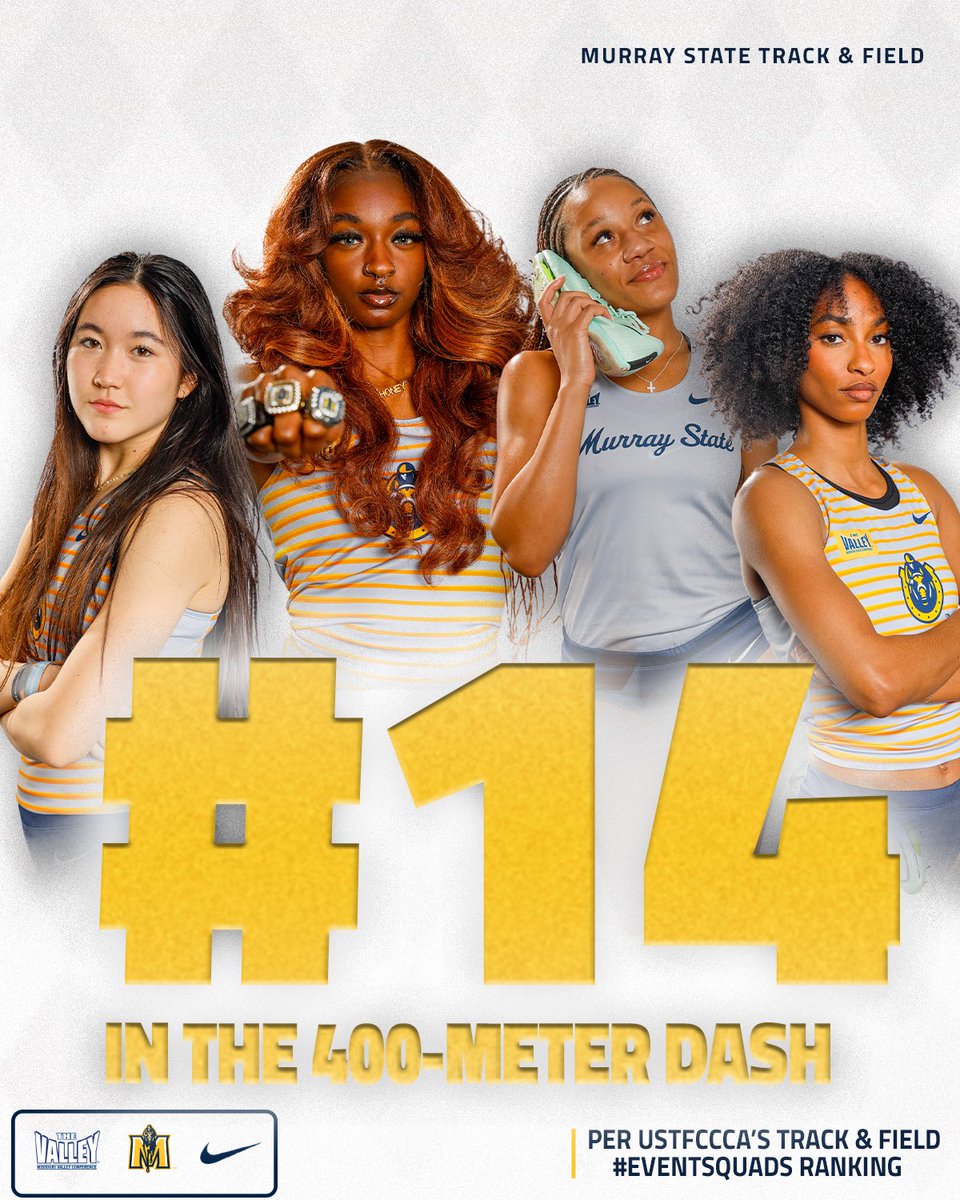 RacersXCTF's tweet photo. 𝘾𝙖𝙩𝙘𝙝 𝙪𝙨 𝙞𝙛 𝙮𝙤𝙪 𝙘𝙖𝙣 🏃♀️
Murray State ranks 1️⃣4️⃣th in this week’s @USTFCCCA 400-meter dash #EventSquads rankings‼️
#GoRacers🏇 https://t.co/7ueI3Ubqlq