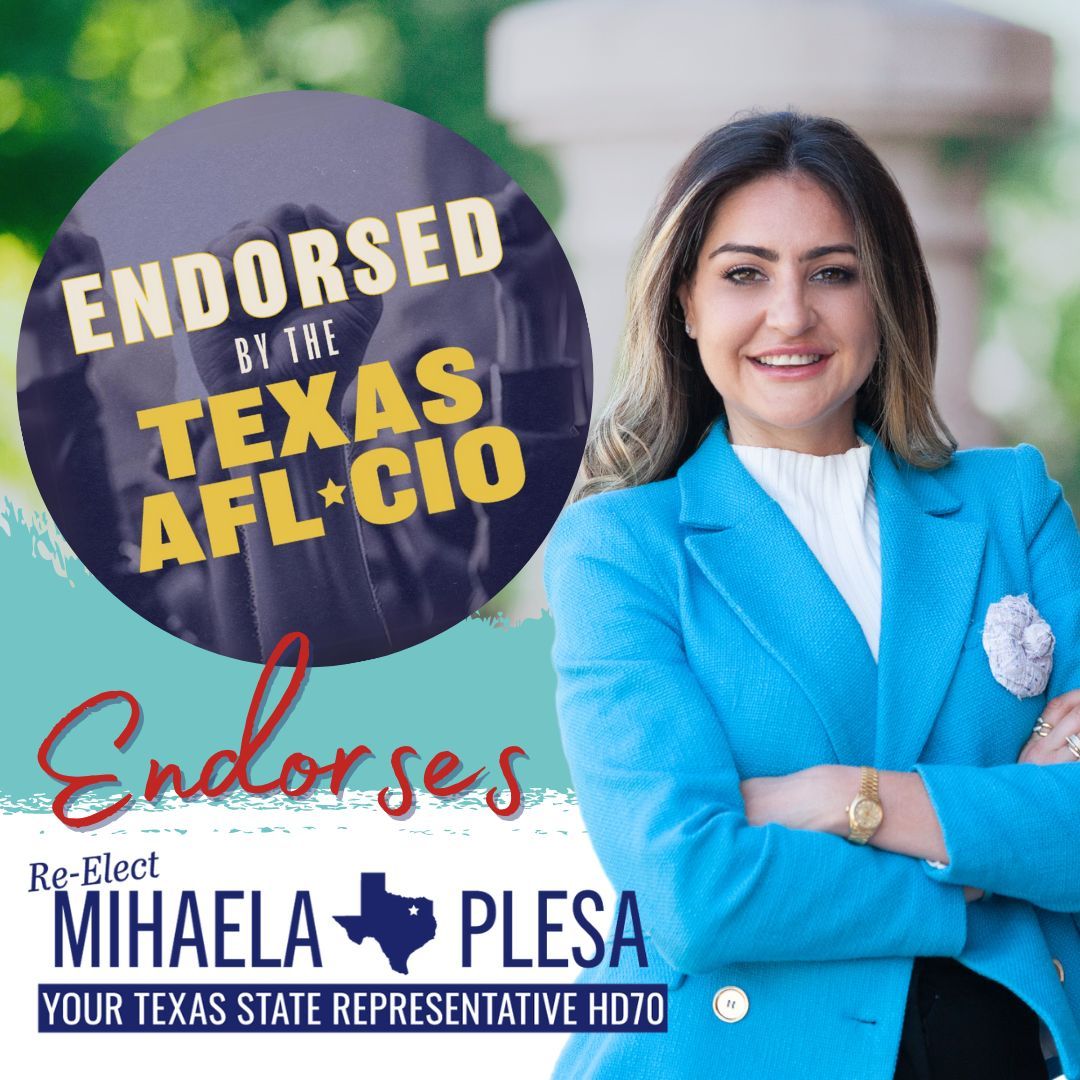 We are incredibly grateful to once again receive the endorsement of the @TexasAFLCIO. As a Texas state employee, union member and State Rep. for HD70, I am excited to stand alongside them in fighting for the workers of Texas. Thank you for your support.
#TXUnionStrong #1u