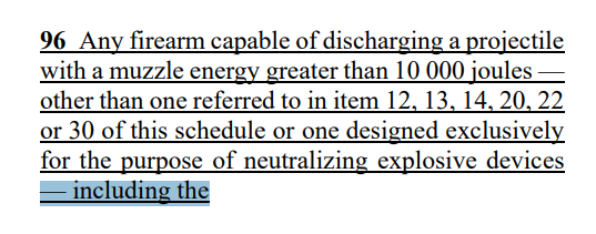 Polysesouvient's tweet photo. Thanks for another opportunity to clarify the confusion you & others are causing with your #misinterpretations:
- You are referring to paragraph 96 in amendment G46 (since withdrawn):
https://t.co/q4BkPDfNW3
- Para 96 in G46 is cut & pasted from 2020-OIC CURRENLY in force, with SAME language (ie: "including the... "). See screenshots.
https://t.co/LwkJQRRf2F
- Under para 96, the current 2020-OIC prohibits ONLY versions whose muzzle energy exceeds 10KJ.
- Ironically, this is validated by RugerNo1. This model is CURRENTLY covered by 2020-OIC (one of the models added since 2020 publication). One can verify this by searching the FRT: see record no 34192 for RugerNo1:
FRT: https://t.co/gsm60ZcjX5
Record: https://t.co/xTO5Edrqis
- Only ONE version of the RugerNo1 is prohibited, under para 96 of 2020-OIC (muzzle energy >10KJ): the "460-WBY-Mag caliber" version. 100+ other versions remain non-restricted.
- In other words, "including the..." DOES NOT ban "every Ruger No. 1, including ones chambered in .22LR."
- Why would SAME language apply differently in G46 than in current OIC? The answer is, it wouldn't, as government experts repeatedly explained (ya might want to listen...).
- Since the RugerNo1 is already covered by para 96 in 2020-OIC, its classification would not have changed under G46. The same criteria would have applied.
(PS: It's not "our" amendment. We just understand it better than most.)