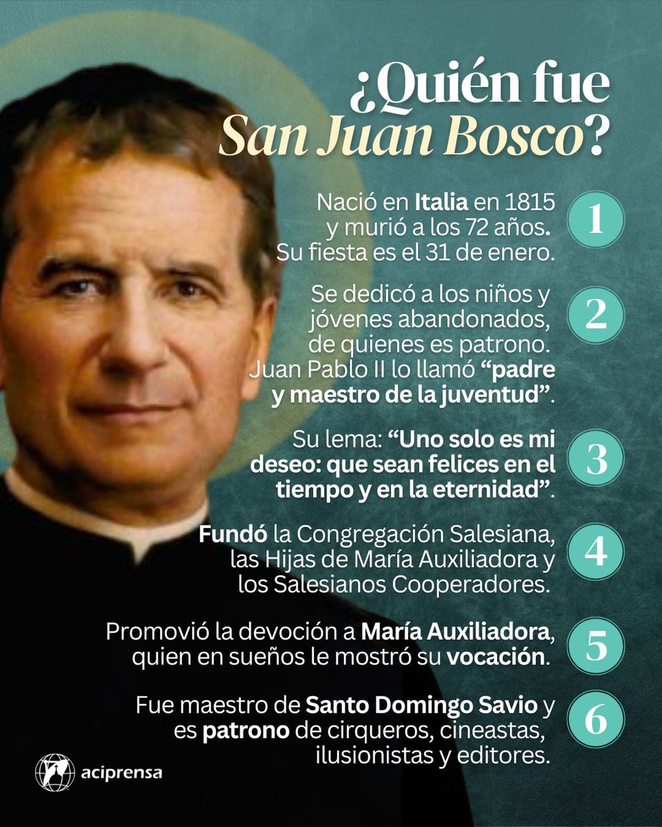 aciprensa's tweet photo. ¡San Juan Bosco, intercede para que más niños y jóvenes conozcan a Jesús! 🙏

Cada 31 de enero, la Iglesia Católica celebra al santo que de la mano de María Auxiliadora, encendió el corazón de multitudes de jóvenes con el deseo de alcanzar la santidad, siendo luz y sal en el mundo. Aquí 6 datos sobre su vida y obra:

1.- Giovanni Melchiorre Bosco, conocido por todos como Don Bosco, es el sacerdote fundador de la Familia Salesiana. Nació el 16 de agosto de 1815 en I Becchi, Castelnuovo, Piemonte, Italia; y falleció a los 72 años, el 31 de enero de 1888. 

2.- San Juan Pablo II lo declaró "padre y maestro de la juventud", pues el santo entregó su vida al cuidado de niños y jóvenes abandonados, a quienes les dio un hogar, los educó y les enseñó un oficio para ser buenos cristianos y honrados ciudadanos.

3.- Una frase que dijo el santo resume la realización de su vida: “Uno solo es mi deseo: que sean felices en el tiempo y en la eternidad”.

4.- Fue el fundador de diversas comunidades religiosas, agrupaciones e iniciativas que componen la Familia Salesiana. Entre ellas destacan la Congregación Salesiana, las Hijas de María Auxiliadora y los Salesianos Cooperadores.

5.- Es el promotor de la devoción a María Auxiliadora. Su amor por ella surgió desde un sueño que tuvo a los 9 años, en el que Jesús le enseñó que el camino para guiar por el buen camino a los jóvenes era a través de la mansedumbre y caridad, y le dejó como guía a la Virgen María, quien le dijo: "A su tiempo lo comprenderás todo".

6. Fundó el Oratorio de San Francisco de Sales, donde fue maestro de Santo Domingo Savio, a quien le enseñó que la santidad consiste en “estar siempre alegres”. Es patrono de los estudiantes, cineastas, actores de doblaje, educadores y magos.

Más información:
👉 https://t.co/LJYimzZBXH