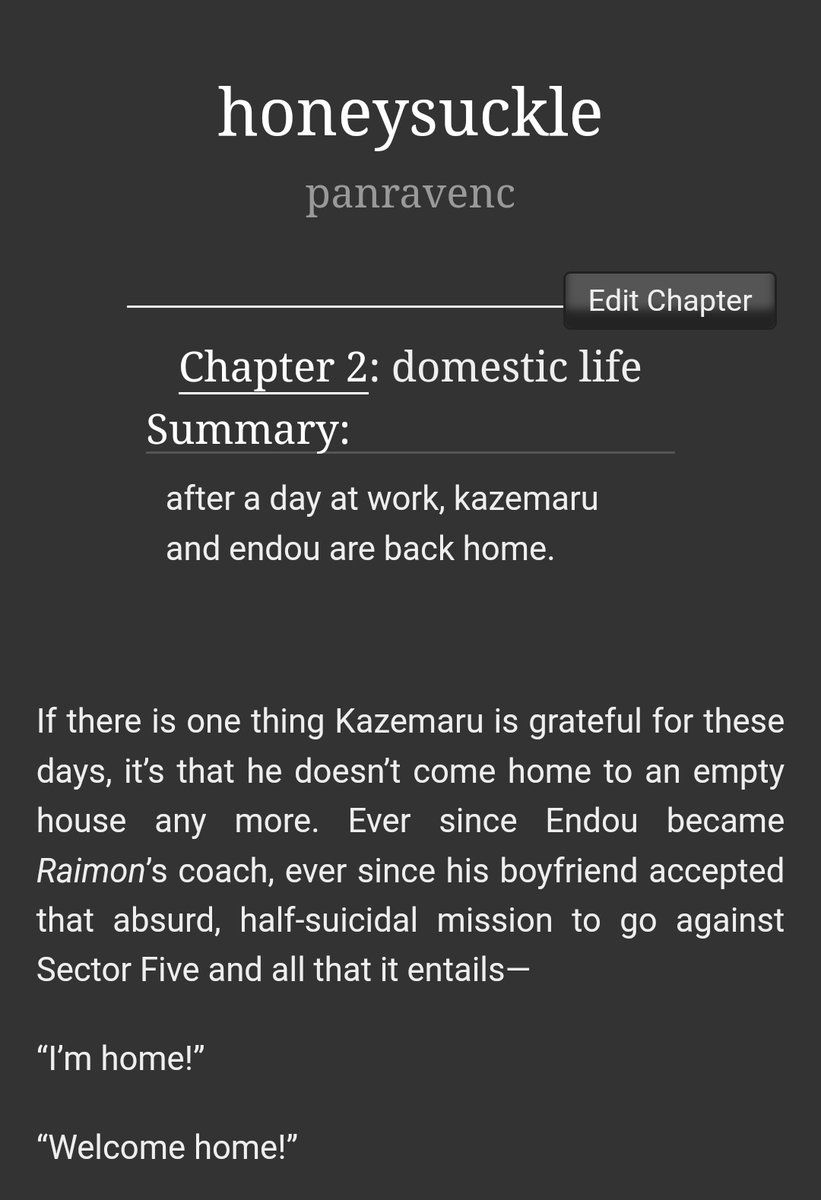 panravenc's tweet photo. honeysuckle, ii · drabbles · fluff
円風 · #enkaze
#イナズマイレブ · #inazumaeleven
#enkazeweek; day two: domestic life. | after a day at work, kazemaru and endou are back home.
https://t.co/cMDXs0cL5n https://t.co/bP0ChzXpqP