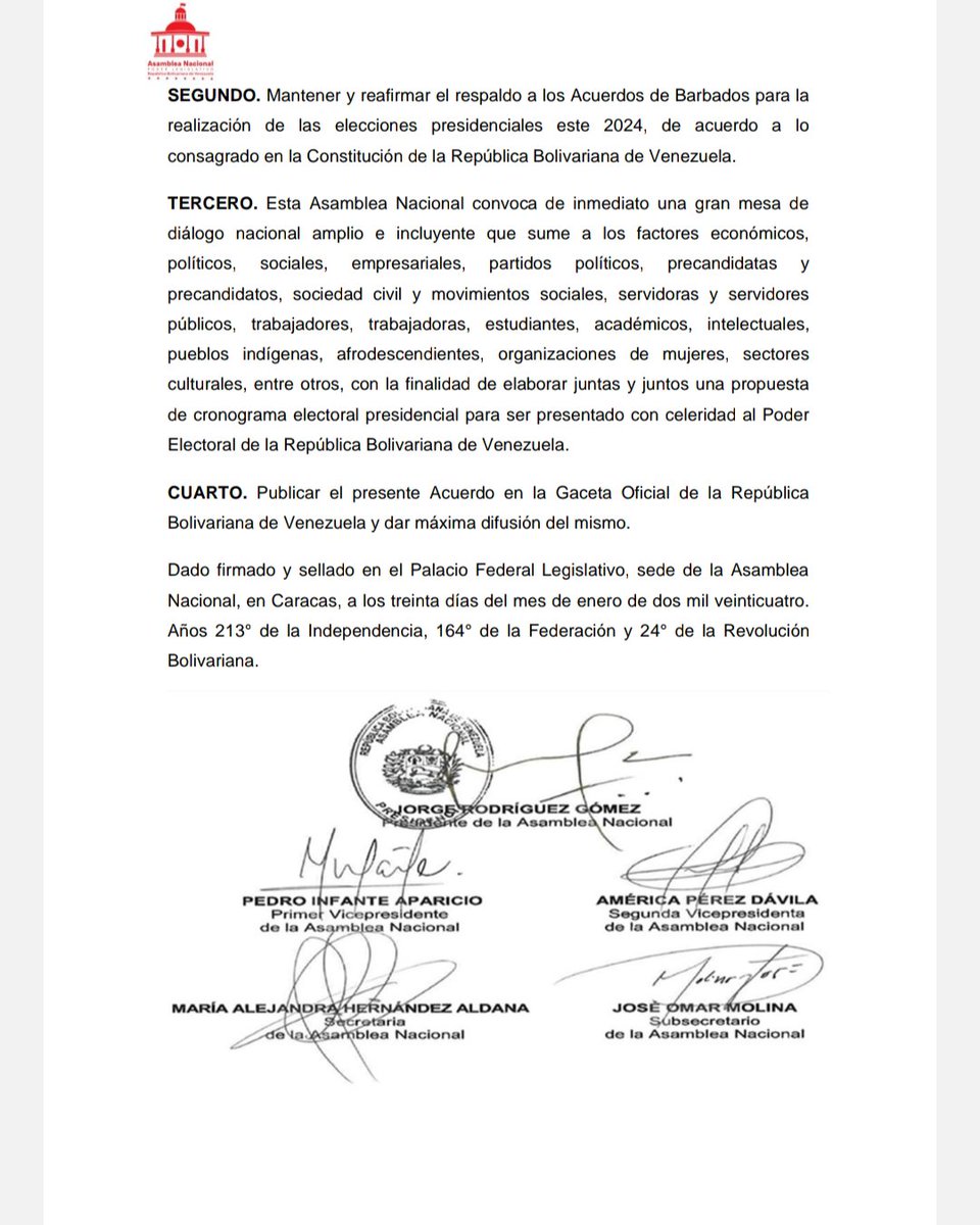 Aquí el acuerdo aprobado por unanimidad hoy en la Asamblea Nacional, repudiando las amenazas gringas contra Venezuela... Apoyo con todas mis fuerzas la convocatoria a diálogo amplio e incluyente para establecer el cronograma electoral 2024...Somos garantía de Paz... Elecciones