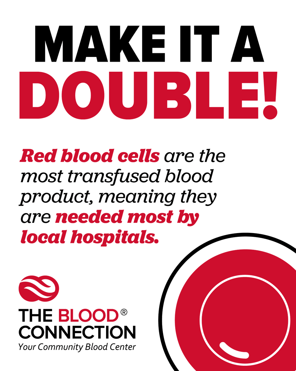 BloodConnection's tweet image. Is your #bloodtype O-, O+, A-, or B-?🩸 You could be a great candidate to donate #doubleredcells! Red cells are typically given to trauma patients, newborns, and others suffering from blood loss or blood disorders. Ask about donating red cells today!

thebloodconnection.org/double-red-cel…