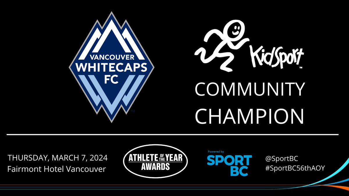 @WhitecapsFC are this year's KidSport  BC Community Champion in honour of the organization's exceptional support of our program! The 'Caps will be celebrated at @SportBC's 56th Annual Athlete of the Year Awards on March 7. #SportBC56thAOY

More info: ow.ly/wHUc50Qw5CZ