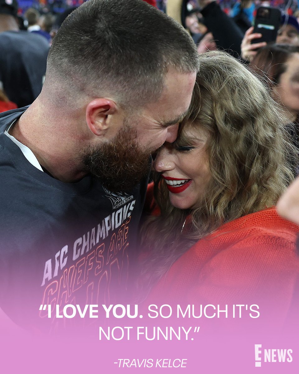 enews's tweet photo. Travis Kelce and Taylor Swift are in love, true love. 🥹 See sparks fly in a video of their adorable post-game conversation: https://t.co/Y79HYyJB35 https://t.co/Wlbm6ddWMY