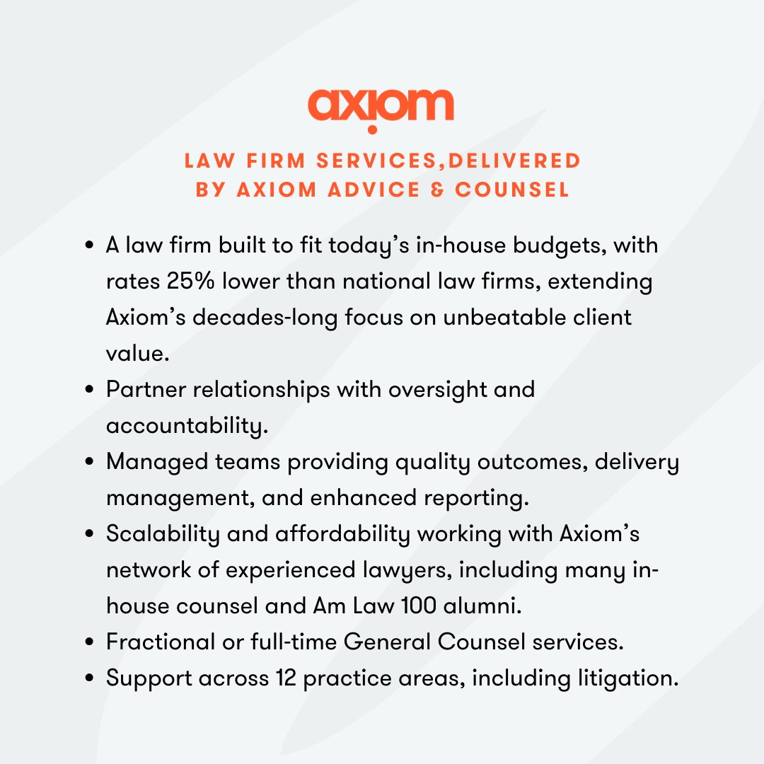 Axiom now provides the industry with the broadest range of high-quality legal talent across a spectrum of In-House Solutions and Law Firm Services: okt.to/EHb5TP

#Axiom #LegalCommunity #legalinnovation #legalnews #inhousecounsel #AlternativeBusinessStructure #ABS