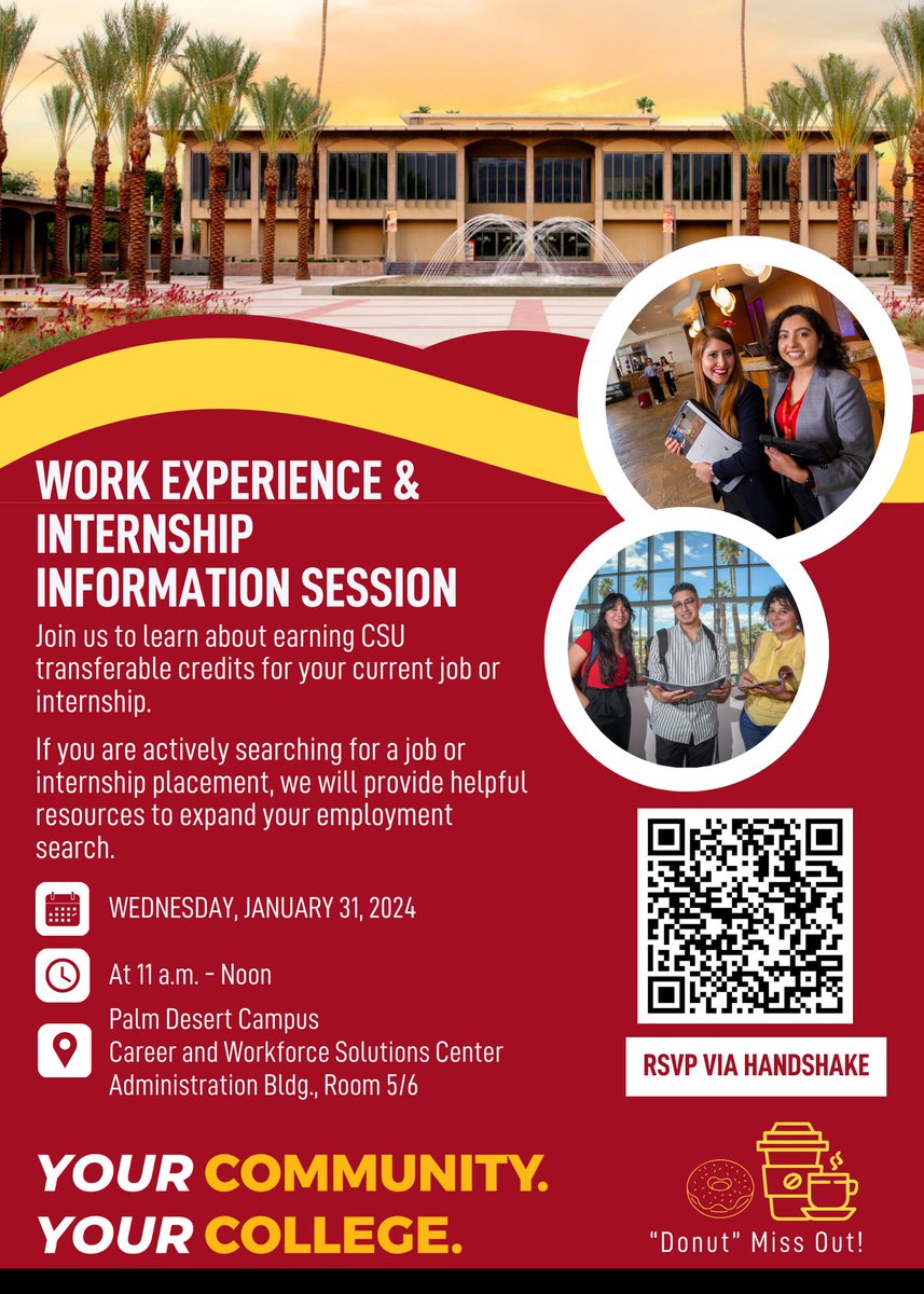 Get ready to earn CSU transferable college credit for your current job or internship this spring semester! Attend this Work Experience and Internship Informational Session to learn more. 

Scan the QR code or click the link to RSVP via Handshake: loom.ly/8grQ7Cw