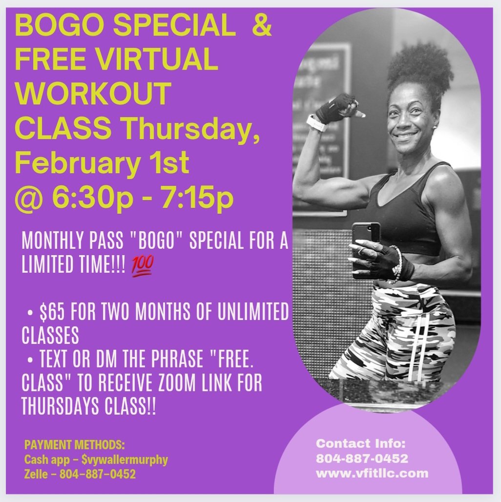 perfinqueen's tweet photo. VFIT IS OFFERING TWO PROMOTIONS:

(1) A "BOGO" MONTHLY VIP PASS SPECIAL THROUGH FEB 14TH! $65 FOR TWO MONTHS!💯

(2) A "FREE" WORKOUT CLASS WITH VFIT THIS THURSDAY ONLY (FEB 1ST) FROM 6:30PM - 7:15PM. [Text or DM the phrase "FREE CLASS" to recieve the zoom link.] https://t.co/hMWSIobxFc