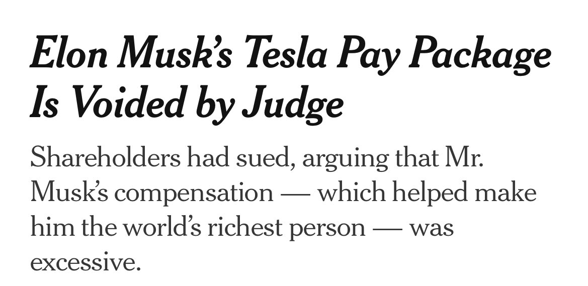 Elon Musk's Tesla Pay Package Is Voided by Judge - The New York Times