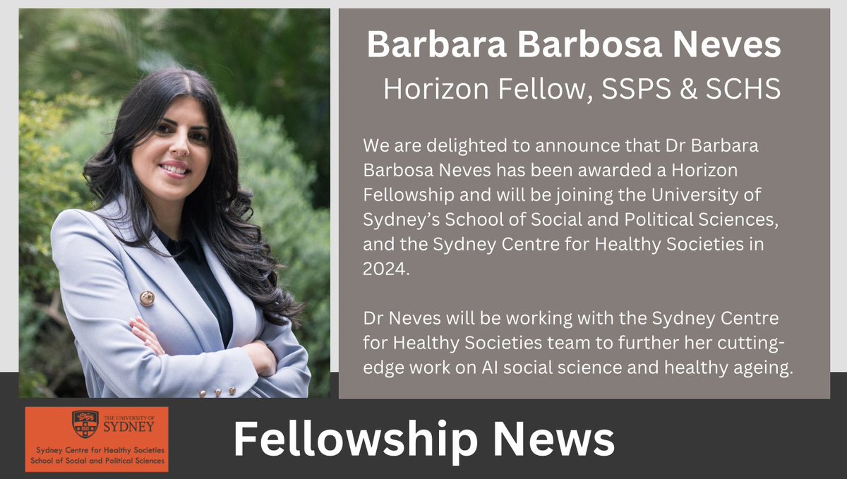 📢News: @barbaraneves will join @Usyd_ssps & @Sydney_CHS in 2024. She'll be working with colleagues incl @BroomAlex, @GulsonKalervo & @YunHeeJeon1 to further her cutting-edge work on AI social science & healthy ageing. We're delighted she's joining us! sydney.edu.au/arts/news-and-…