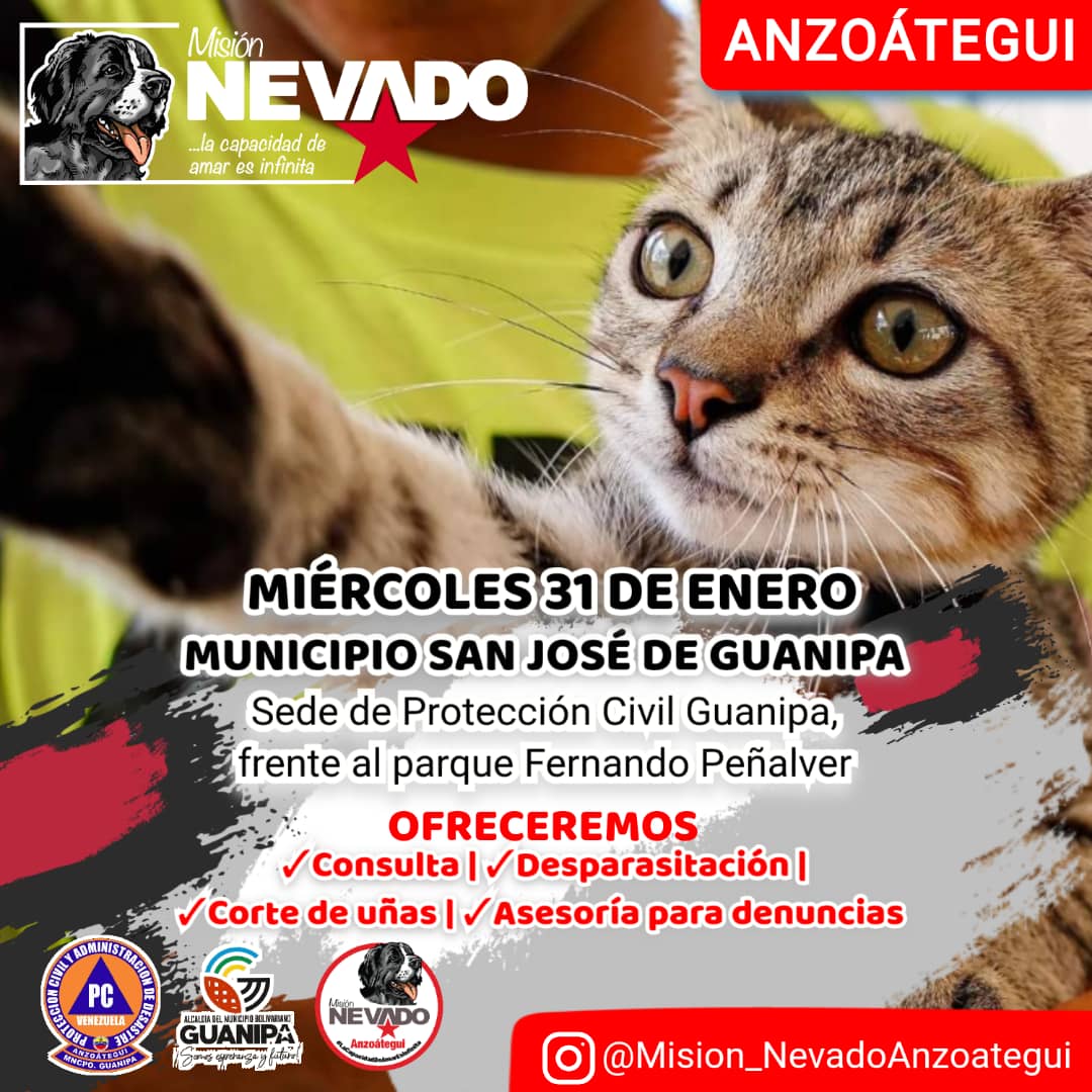 😎😁🐶📢 Atención #Anzoátegui
El Miércoles #31Ene estaremos en  #MunicipioGuanipa ofreciendo  #AtenciónVeterinaria🐈🐕. 
😻 Atención Veterinaria con:
💚 Consulta veterinaria
💚 Desparasitación
💚 Corte de uñas.
 💚Asesoría para denuncias