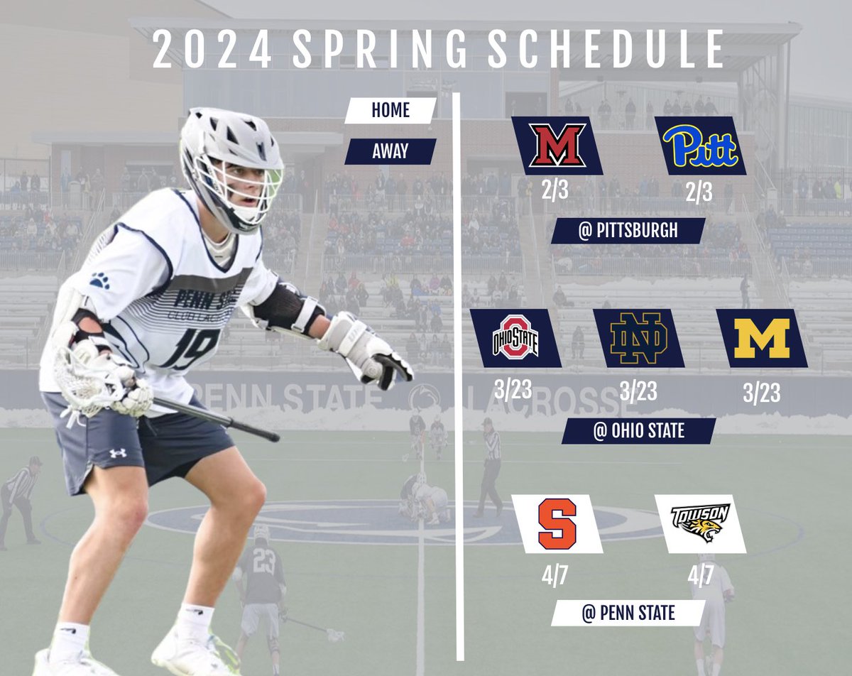Penn State Club Lacrosse (@psuclublax) on Twitter photo Our 2024 Spring Schedule ‼️
#PennState #HappyValleyLax Our 2024 Spring Schedule ‼️
#PennState #HappyValleyLax