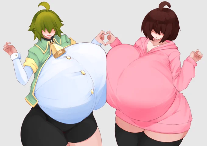 skebのリクエストでうちの子のもずくちゃんと依頼者のOCの乳合わせを描きました 