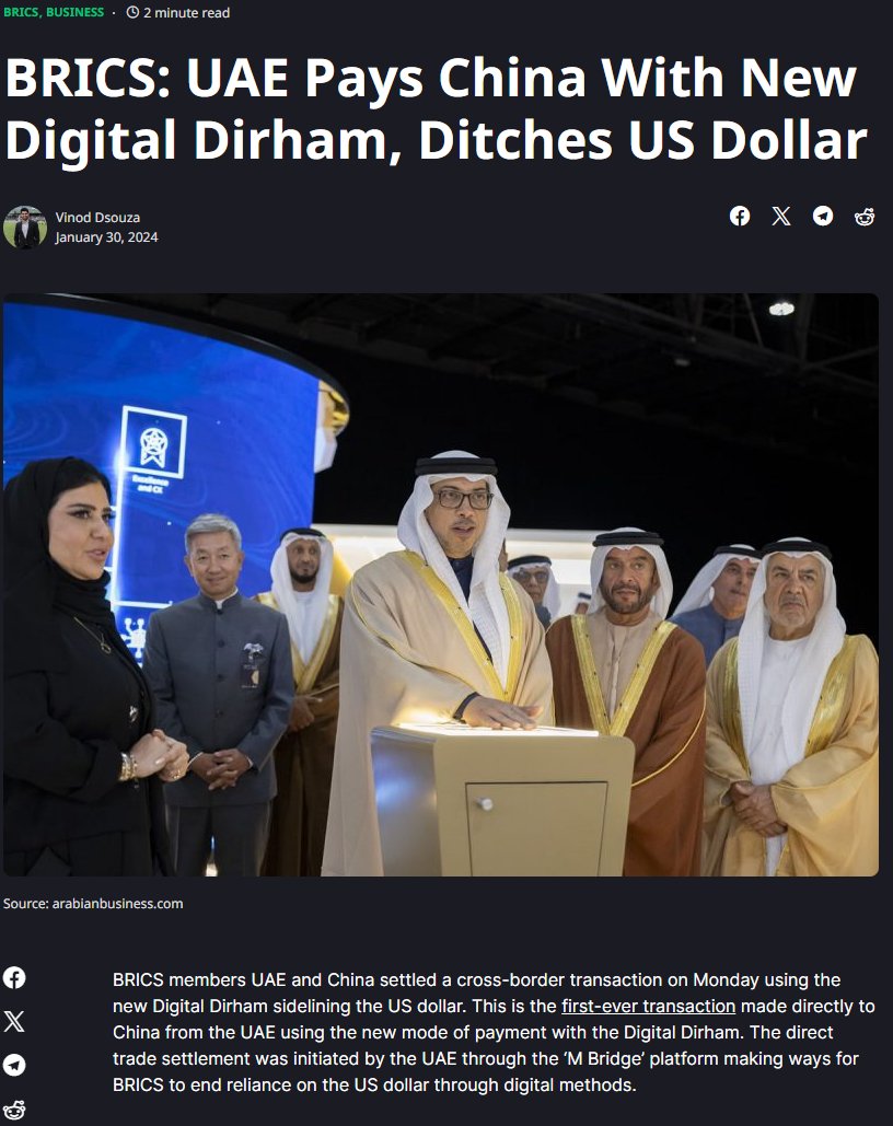 阿联酋向中国支付新的数字迪拉姆，放弃美元结算金砖国家成员阿联酋和中国周一使用新的数字迪拉姆达成了一项跨境交易。直接贸易结算由阿联酋通过“M  Bridge”平台发起，为金砖国家通过数字货币方式结束对美元的依赖铺平了道路。阿联酋中央银行发起向中国支付了5亿迪拉姆数字 ...