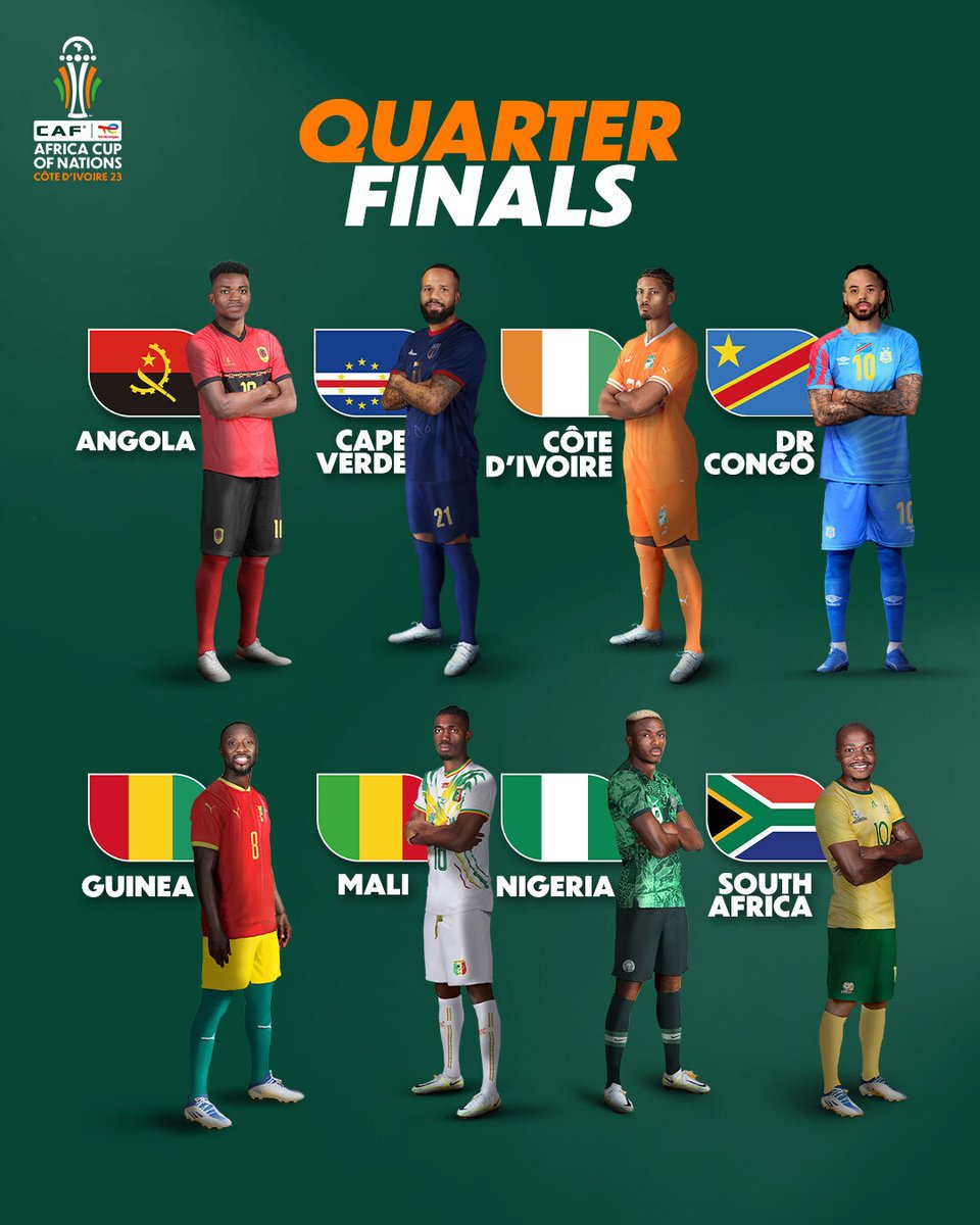🇦🇴 🇨🇻 🇨🇮 🇨🇩 🇬🇳 🇲🇱 🇳🇬 🇿🇦

Ladies and gentlemen, meet your #TotalEnergiesAFCON2023 quarter-finalists. 🤩