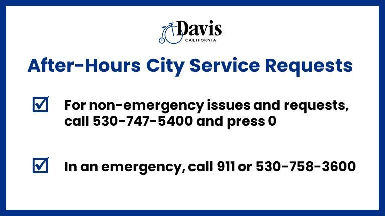 Another storm is coming our way!

Business hours (weekdays, 7 a.m. -3:30 p.m.): make an service request at: buff.ly/3xSkhyn or call 530-757-5686.

After hours: call 530-747-5400 for non-emergency and requests and press "0."

In an emergency,  call 911 or 530-758-3600.