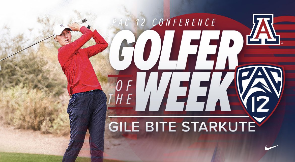 ArizonaWGolf's tweet photo. An individual tournament 🏆 while breaking program 📈 records makes Gile Bite Starkute your @pac12 co-Golfer of the Week. #BearDown https://t.co/SkUtyQjje6