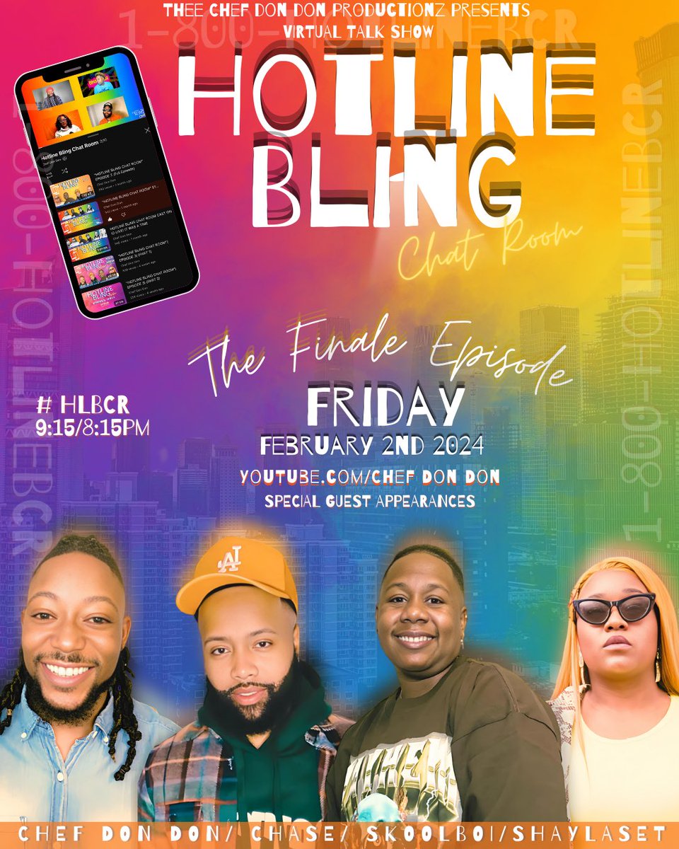 chef_dondon's tweet photo. Whew Chile!!!! “Hotline Bling Chat Room” season 1 Wraps this Friday! February 2nd 2024 9:15/8:15 PM C
THIS HAS BEEN AN AMAZING SEASON. SEASON 2 applications open now! https://t.co/bn74Rr5jWO
Catch up on Episodes 1-9 https://t.co/bPJQgiGxVj THANK YOU ALL FOR YOUR SUPPORT #HBCR https://t.co/uOxPV0Noow