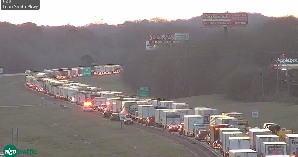 WBRC6Hardison's tweet photo. UPDATE: Here's a live look at traffic backed up on I-20 westbound in the Oxford area because all lanes remain shutdown @WBRCtraffic @weswyattweather https://t.co/k1Q815dy9k