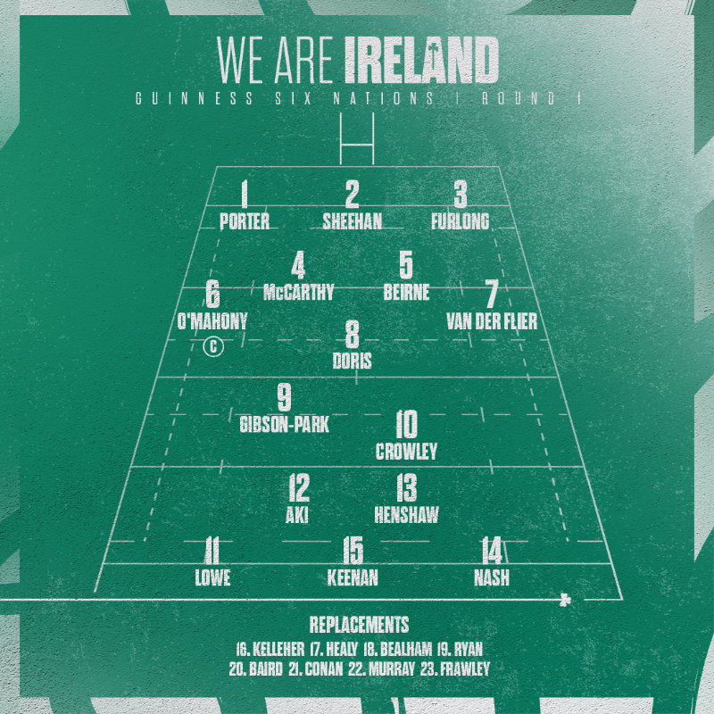 IrishRugby's tweet photo. Our team for a Friday night opener in Marseille! 👊

#TeamOfUs